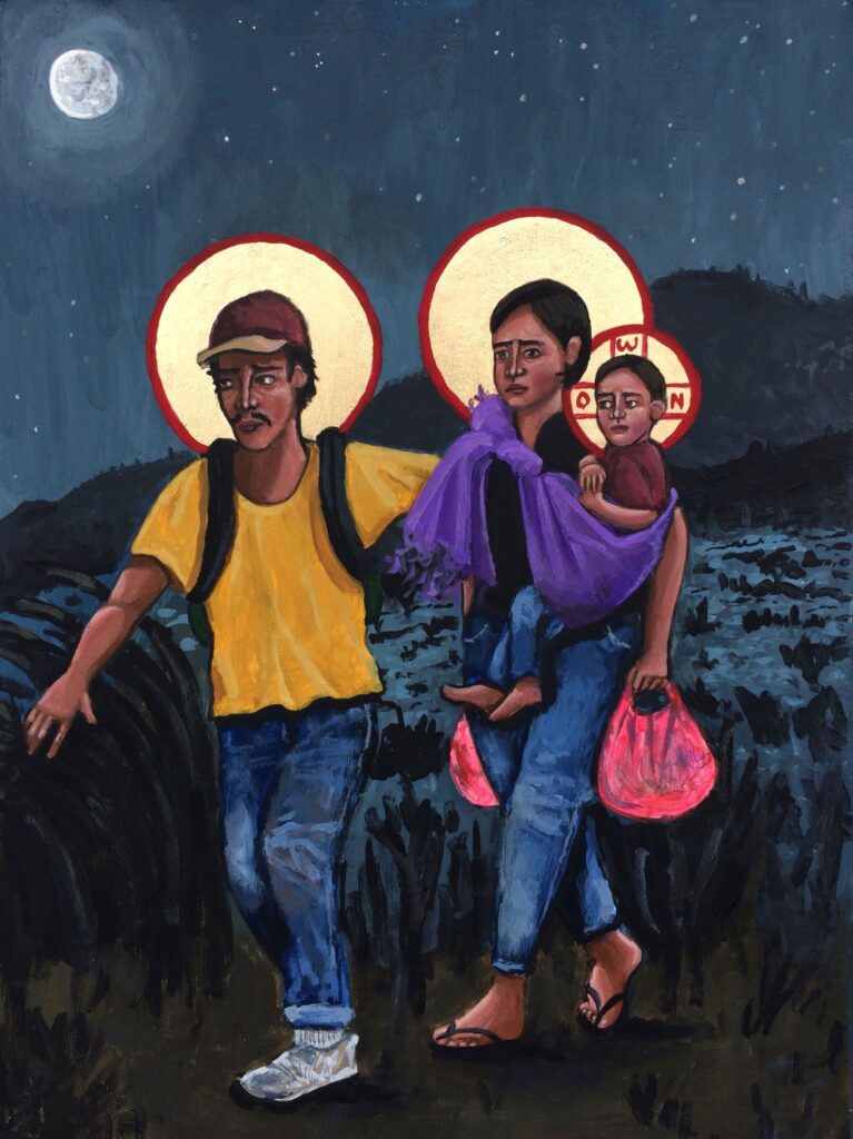 A painting of a migrant couple and their infant son as the holy family of Joseph, Mary, and Jesus.