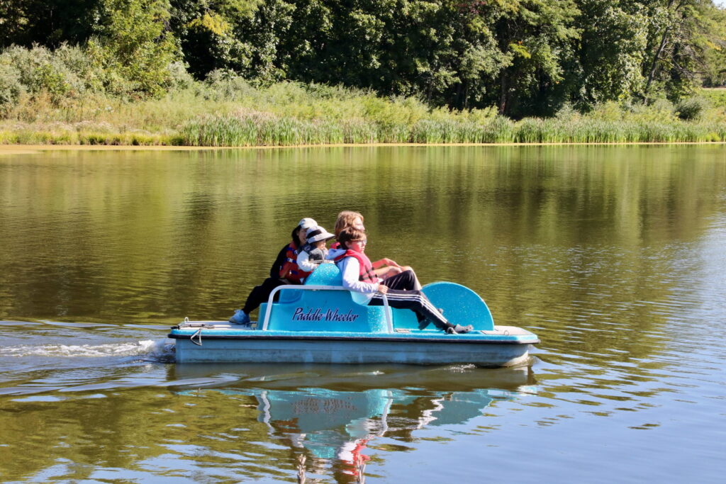 Three boys and a woman ride a paddleboat on a small lake.