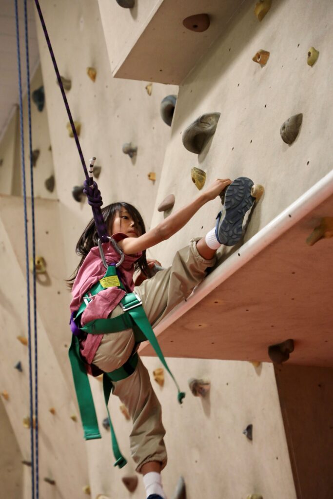A boy scales an indoor climbing wall. 