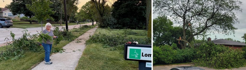 A woman picking up fallen branches on a church lawn after a storm. 